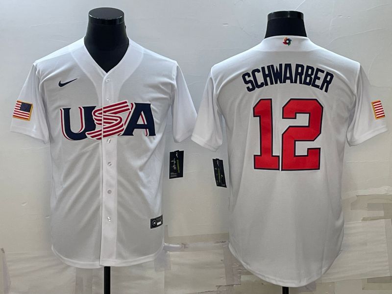 Men 2023 World Cub USA #12 Schwarber White Nike MLB Jersey8